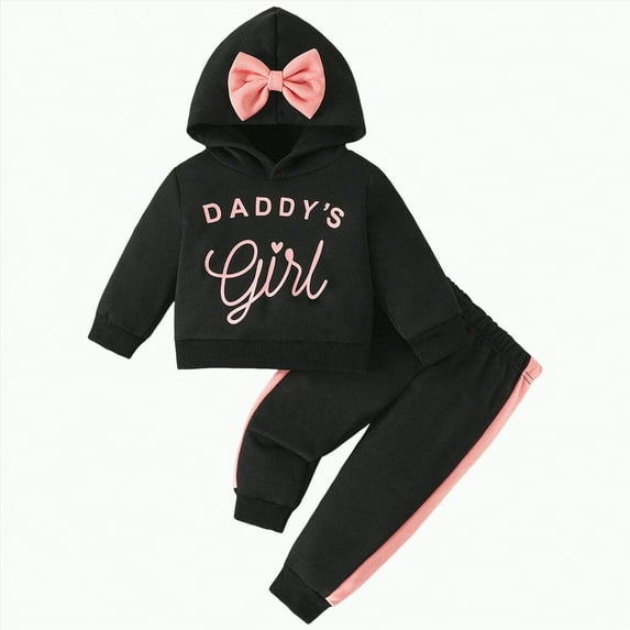 BAnala Little Girls Clothes Two Piece Outfits Girls Boys Outfit Sets Autumn Winter Solid Color Cotton Long Sleeve Hooded Sweatshirt Long Pants Set Black,6-9 Months