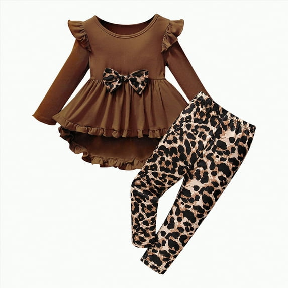 BAnala Toddler Girl Sets Kids Toddler Girls Clothing Set Long Sleeve Top With Bowknot +Floral Print Pants 2 Pcs Fall Outfits Set Coffee,3-4 Years