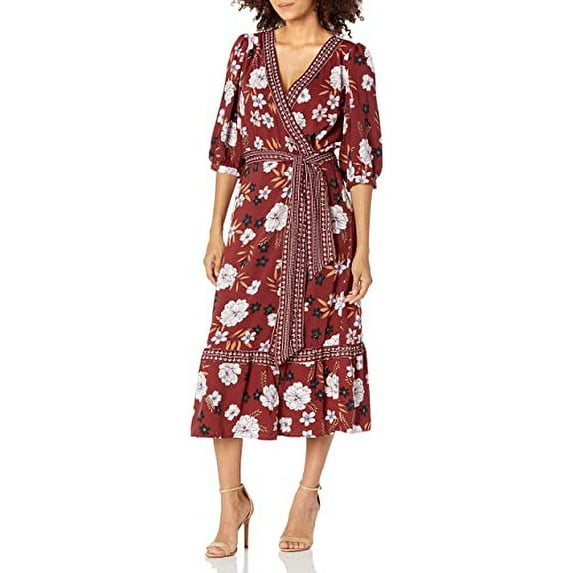 BB DAKOTA Women's Blooming Business Floral Midi Wrap Dress Burgundy XS, $109 NWT