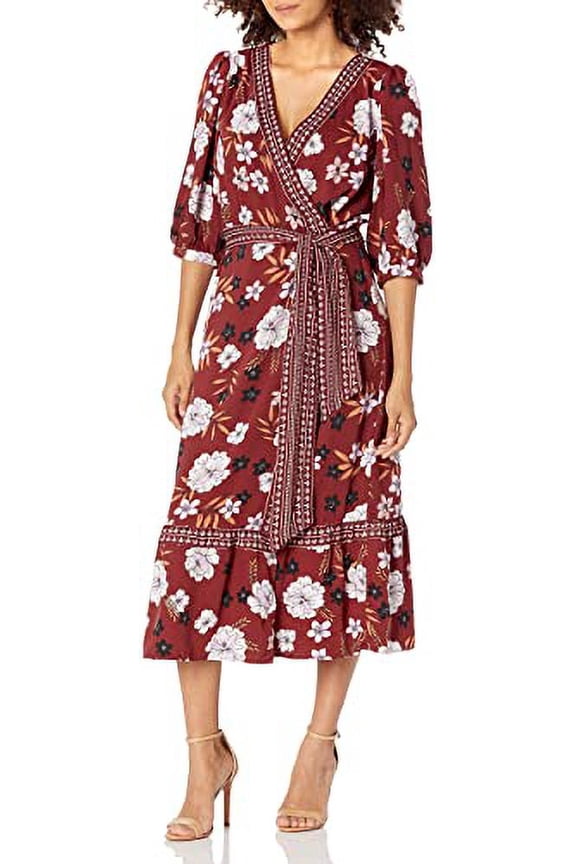 Women's Blooming Business Floral Midi Wrap Dress Burgundy XS, $109 NWT