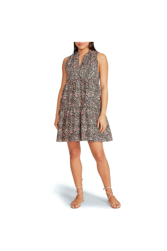 Sleeveless Tiered Black Floral Dress L