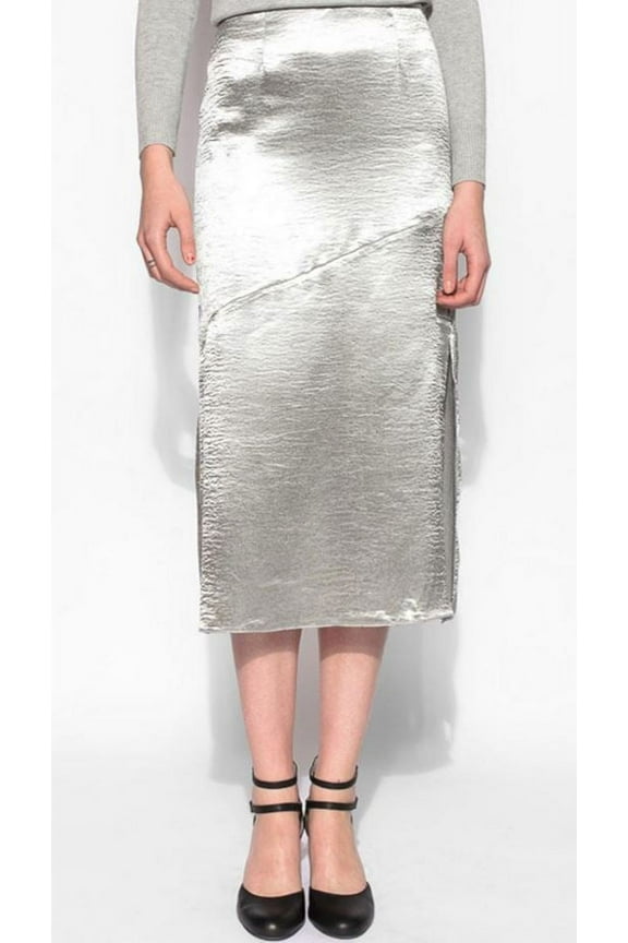 Woman's Metallic Silver Satin Midi Skirt, Size 6