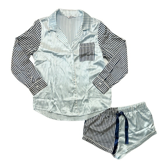 BB Dakota Women's 2-Piece Satin Notch Button-Down Long Sleeve Top & Short PJ Set (Stripe Mix, XXL)