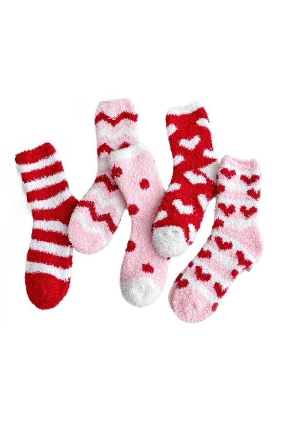Red Pink Fuzzy Socks for Women 5 Pairs Winter Valentine's Day Gifts