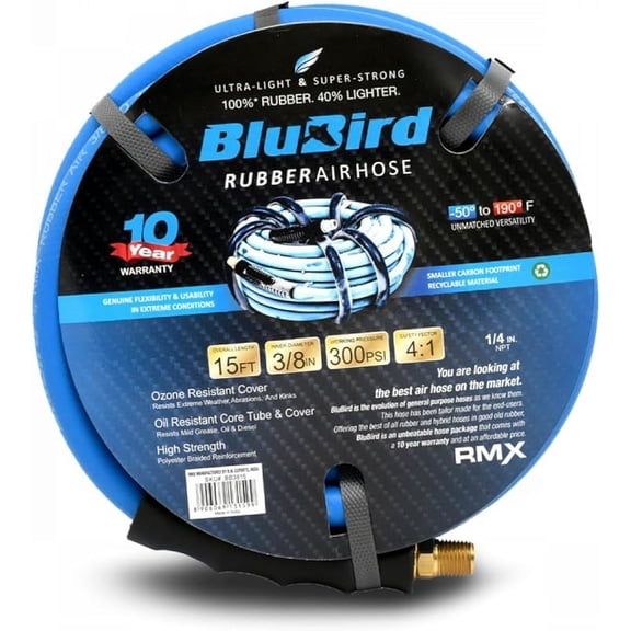BB3815 3/8" x 15' Rubber Air Hose, 100% Rubber, Lightest, Strongest, Most Flexible, 300 PSI, 50F to 190F Degrees, Ozone Resistant, High Strength Polyester Braided
