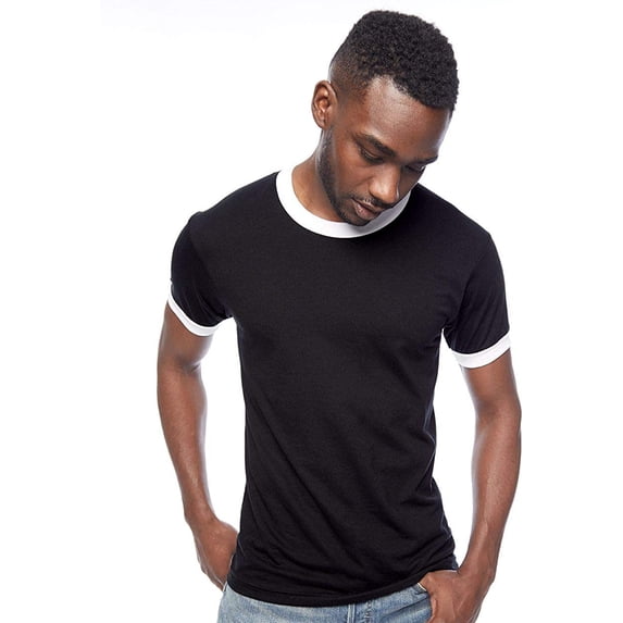 BB410W American Apparel Unisex Poly-Cotton Short-Slv Ringer Tee Black White XS