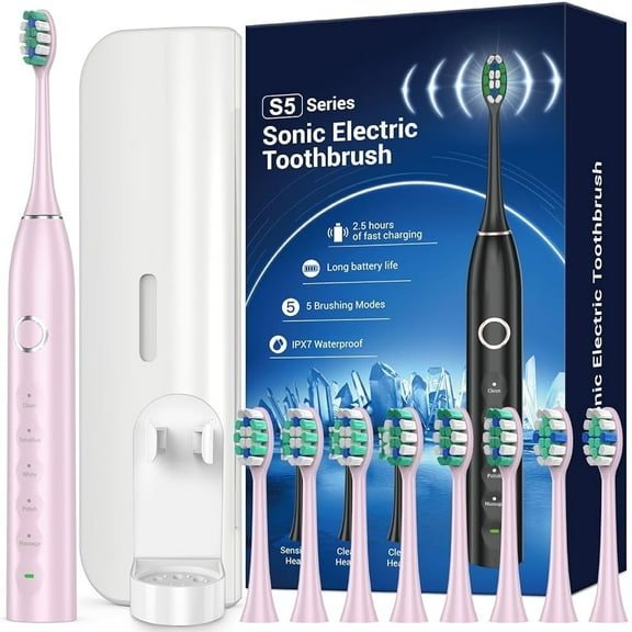 Phylian S5 Upgraded Sonic Electric Toothbrush for Adults with 8 Brush Heads, IPX7 Travel Electric Toothbrush with Travel Case, 2.5 Hours Charge for 120 Days, 5 Modes with Built-in Smart Timer Pink