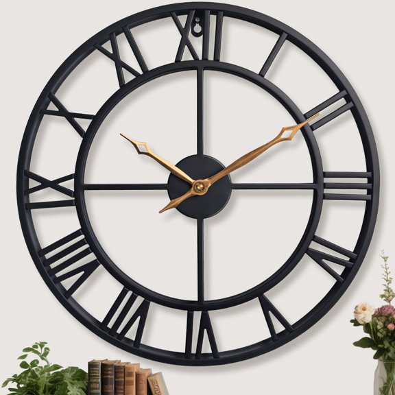 BBALOVEDRE Large Wall Clock 60cm, Black Metal Design with Roman Numerals