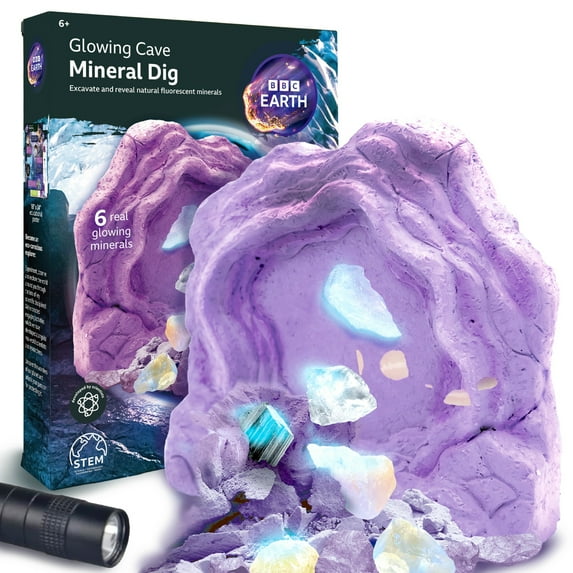 BBC Earth Glowing Cave Mineral Dig Kit, Kids STEM Geology Excavation Set for Boys and Girls, Ages 6+