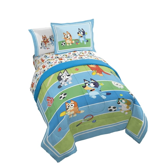 BBC Studio Bluey Lets Play Sports 5 Piece Twin Size Kids Comforter Set with Sham - Sports Bedding for Kids Bedroom