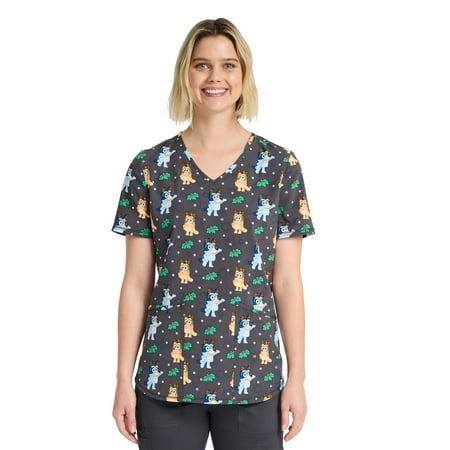 BBC Winter Bluey And Bingo Women's V-Neck Scrub Top, Sizes XS-3XL