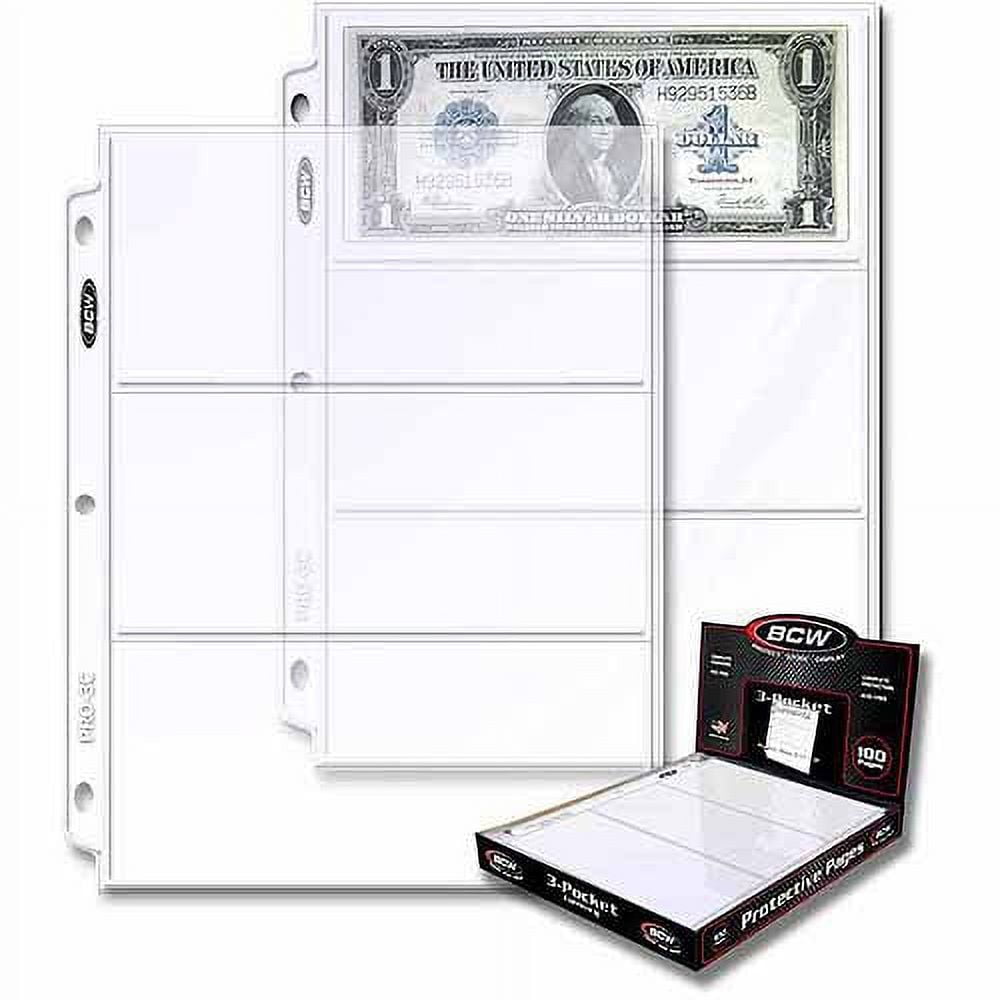 BBCW 3-Pocket Currency and Coupon Size Binder Pages, 100-Count Box, 10x10x2, Fits most 3-Ring Binders