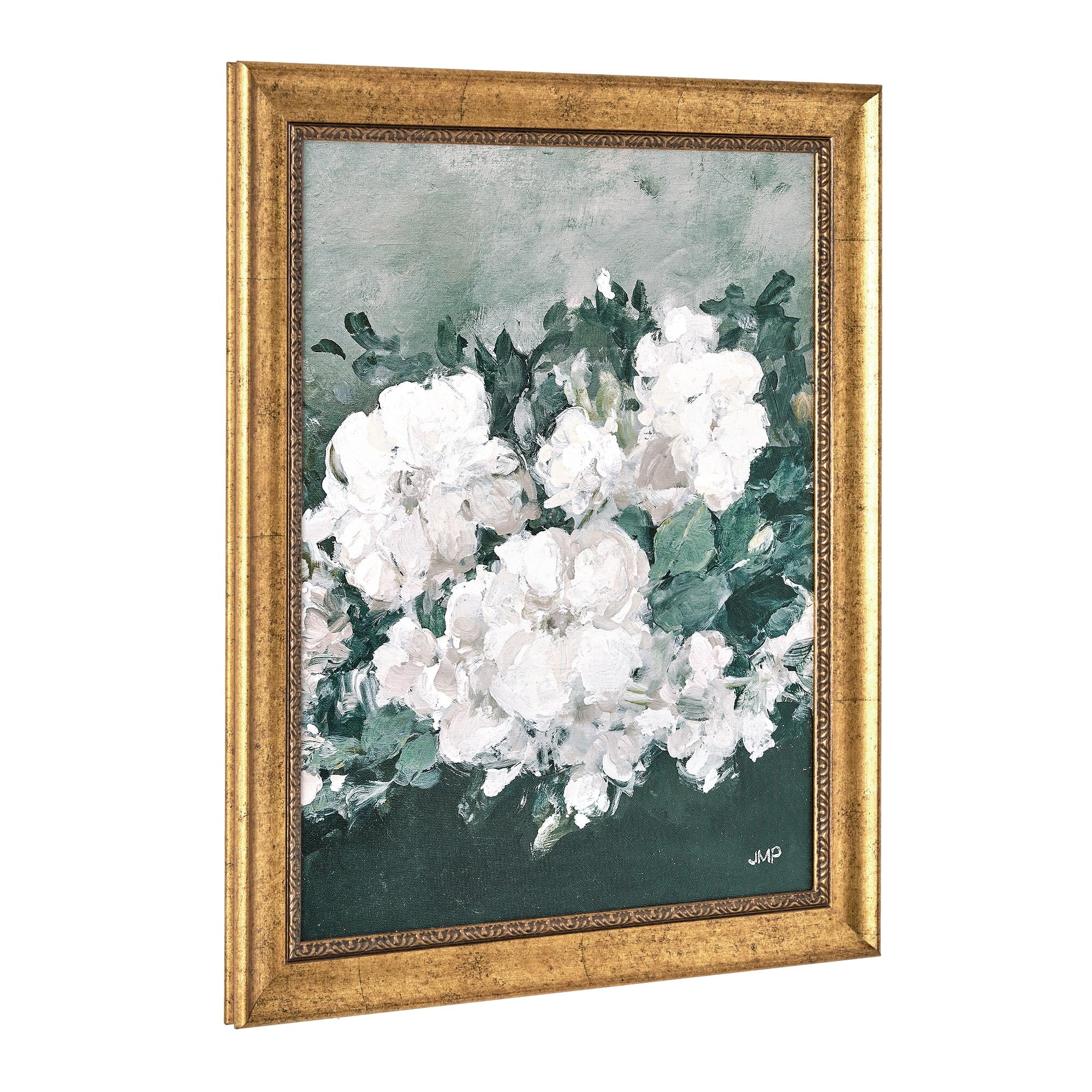Beautiful Spring Beauty White Floral Wall Art Brush Texture Print in Antique Gold Frame Elegant Flower Art, 16x20