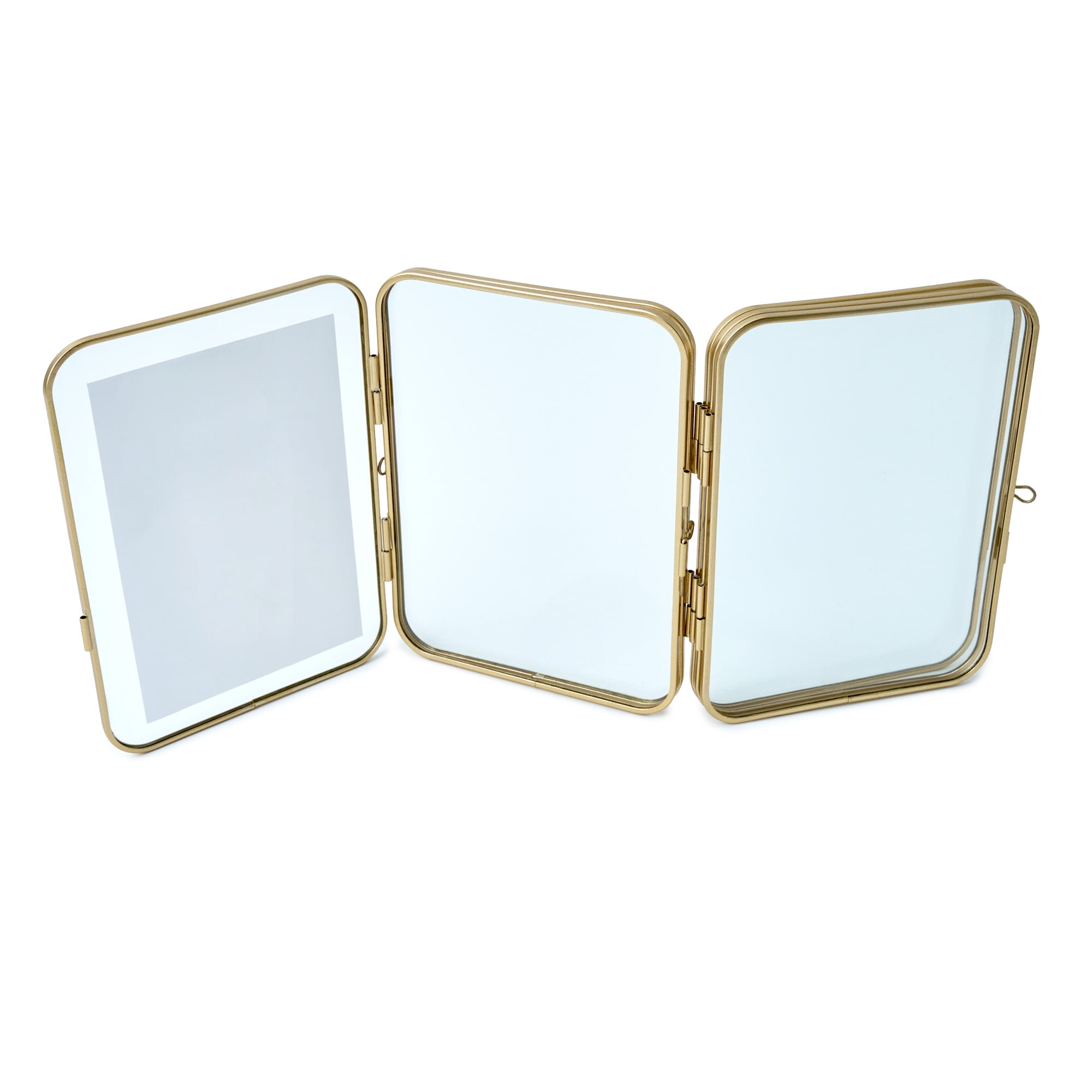 Beautiful 3 Piece Gold Metal Folding Picture Frame by Drew Barrymore - Fits 5x7 and 4x6 Photos - Multi Picture Frame for Collage Display - Gold Photo Frame Set for Family, Graduation, Mother