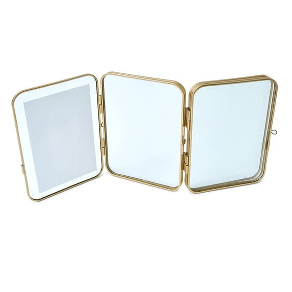 Beautiful 3 Piece Gold Metal Folding Picture Frame by Drew Barrymore - Fits 5x7 and 4x6 Photos - Multi Picture Frame for Collage Display - Gold Photo Frame Set for Family, Graduation, Mother’