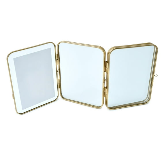 Beautiful 3 Piece Gold Metal Folding Picture Frame by Drew Barrymore - Fits 5x7 and 4x6 Photos - Multi Picture Frame for Collage Display - Gold Photo Frame Set for Family, Graduation, Mother