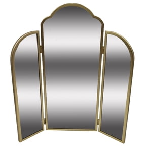 Beautiful Trifold Adjustable Vanity Mirror by Drew Barrymore, 3-Way Arched Gold Frame, Large Gold Bathroom Vanity Wall Mirror for Dresser, Bedroom, Entryway, and Living Room Decor