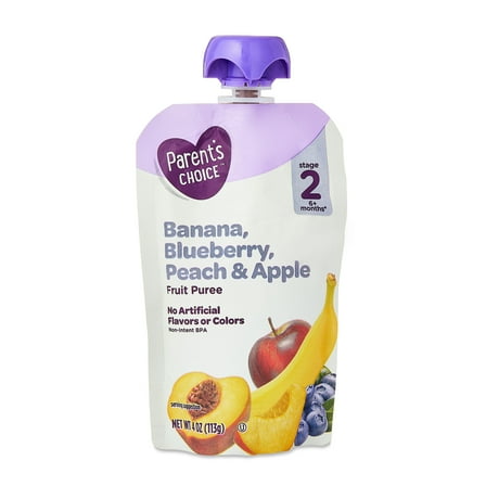 Parent's Choice Stage 2 Baby Food, Banana, Blueberry, Peach, and Apple Puree, 4 oz Pouch