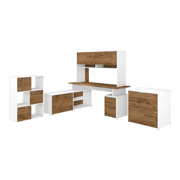 BBF Jamestown - Table with 2-drawer lateral filing cabinet - with hutch - fresh walnut - white base