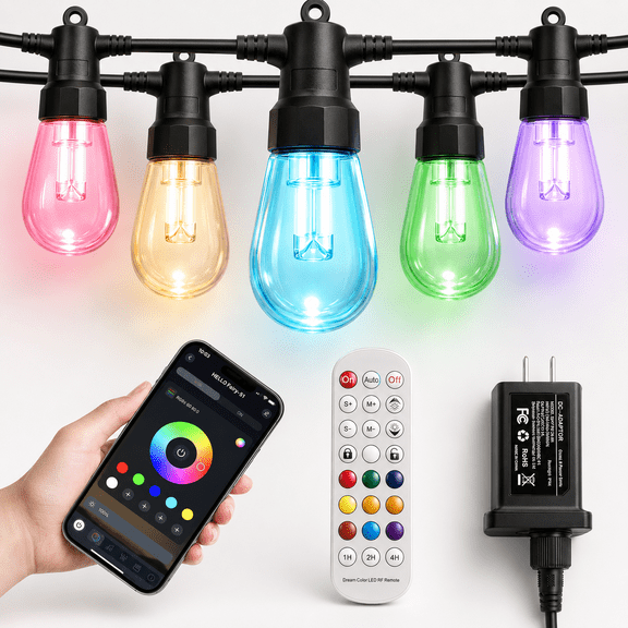 50ft Outdoor String Lights, RGB & Warm White Patio Lights with 20 Bulbs, Color Changing, App & Remote Control, Waterproof, Connectable, Backyard & Christmas Decor