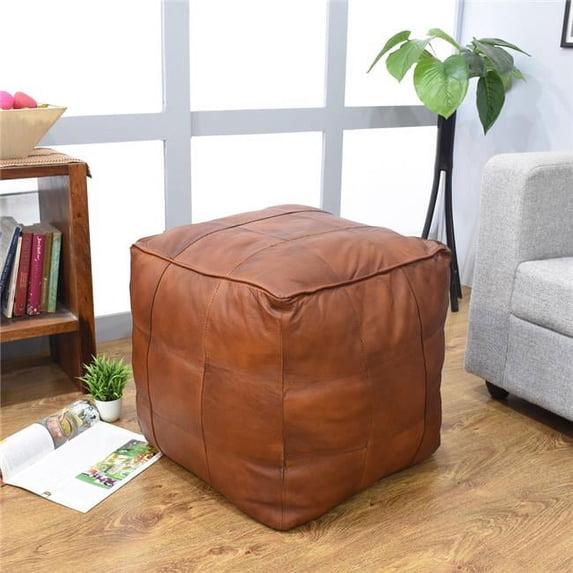 BBH Homes 16 x 16 x 16 in. Recycled Foam Geometric Handmade Leather Square Ottoman Pouf with Fibre Fill, Cognac
