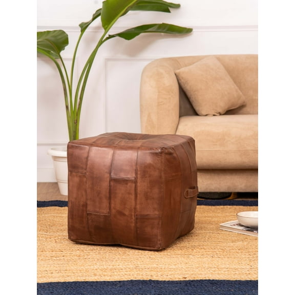 Handmade Eco-Friendly Geometric Leather Pouf Brown Color Square 18" x 18" x 18" Buffalo Leather Pouf For Living Room, Bedroom Seating, Patio WABBBACPF25SC04C