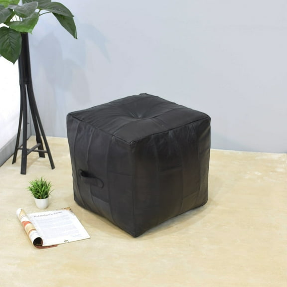 BBH Homes Black Leather Pouf Ottoman Handmade Buffalo Fiber Fill Model BBBACPF0025