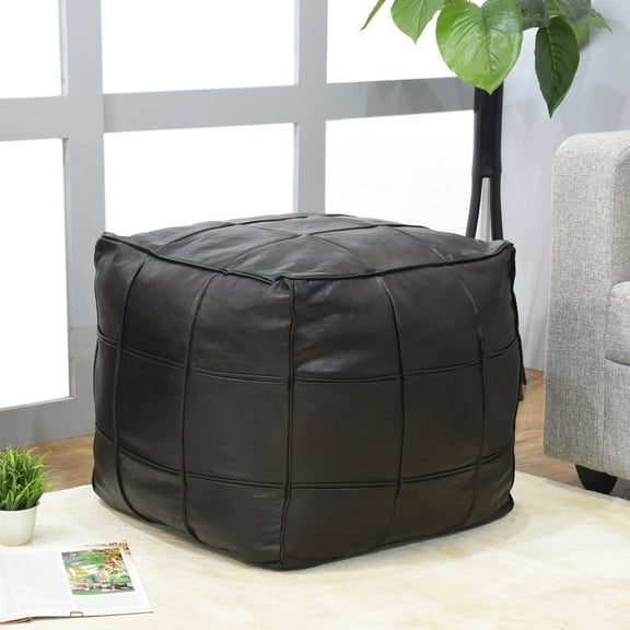 BBH Homes Black Leather Pouf Ottoman Square Shape Model BBBACPF0022