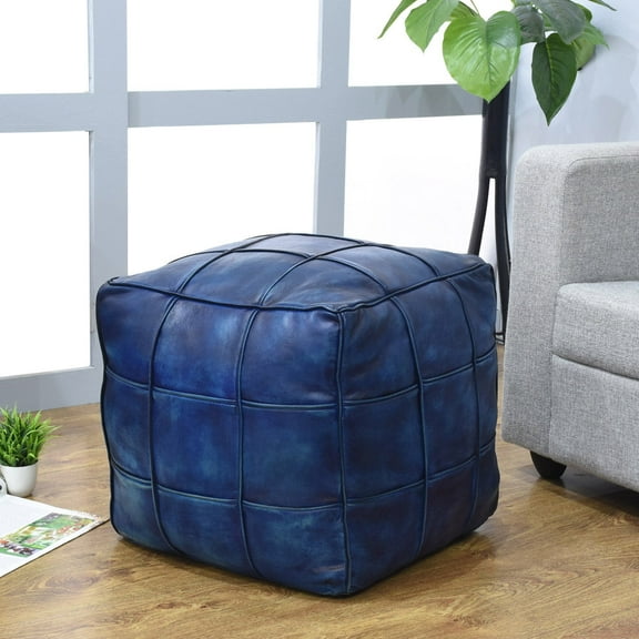 BBH Homes Black Leather Pouf Ottoman Square Shape Model BBBACPF0022