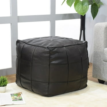 BBH Homes Black Leather Pouf Ottoman Square Shape Model BBBACPF0022