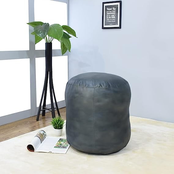 BBH Homes Black Round Leather Pouf Ottoman Handmade Recycled Cotton Fill BBBACPF0012