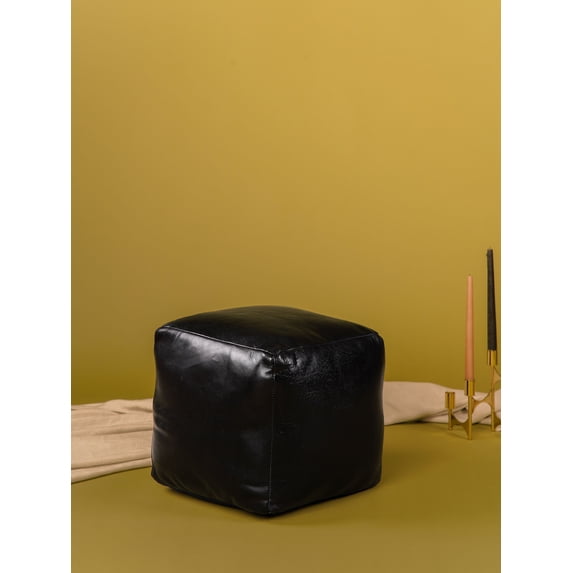 BBH Homes Black Round Leather Pouf Ottoman Handmade Recycled Cotton Fill BBBACPF0012