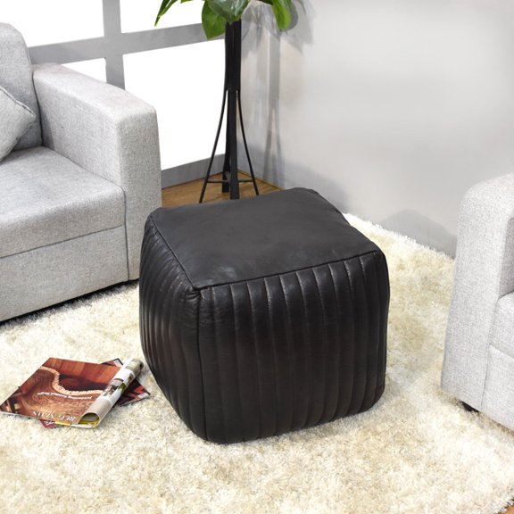 BBH Homes Handmade Beige Leather Round Pouf Ottoman BBBACPF0008 Indoor Decor