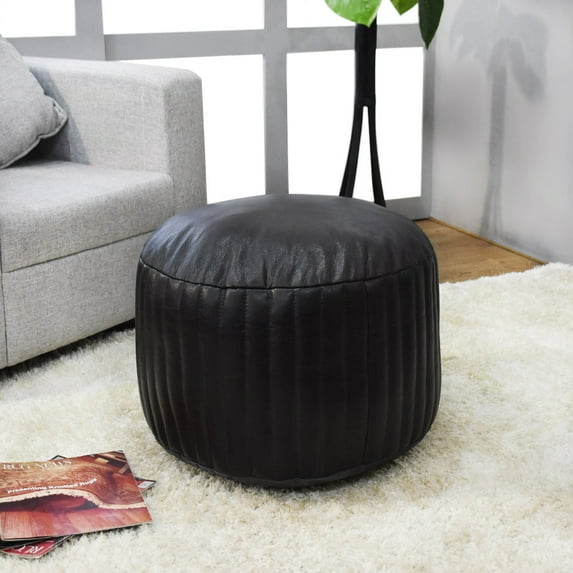 BBH Homes Handmade Beige Leather Round Pouf Ottoman BBBACPF0008 Indoor Decor
