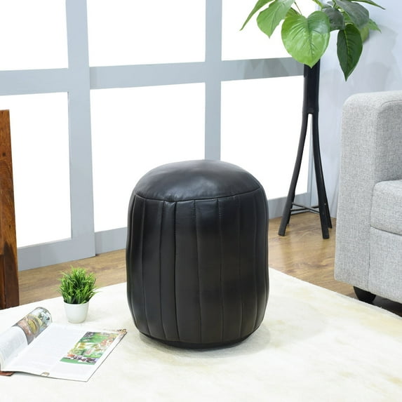 BBH Homes Handmade Beige Leather Round Pouf Ottoman BBBACPF0008 Indoor Decor