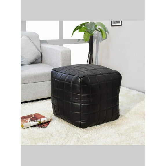 BBH Homes Handmade Black Leather Pouf Ottomans Square Goat Leather BBBACPF0023