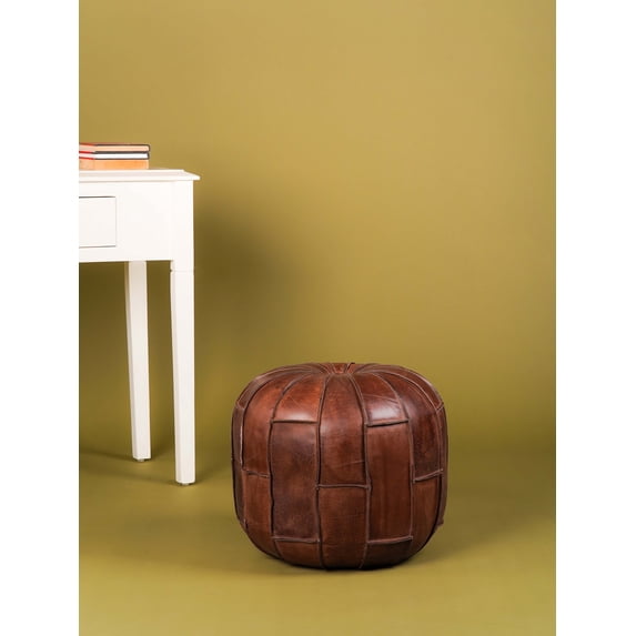 BBH Homes Handmade Brown Leather Pouf Ottoman 16x16x16 Round Shape BBBACPF0027