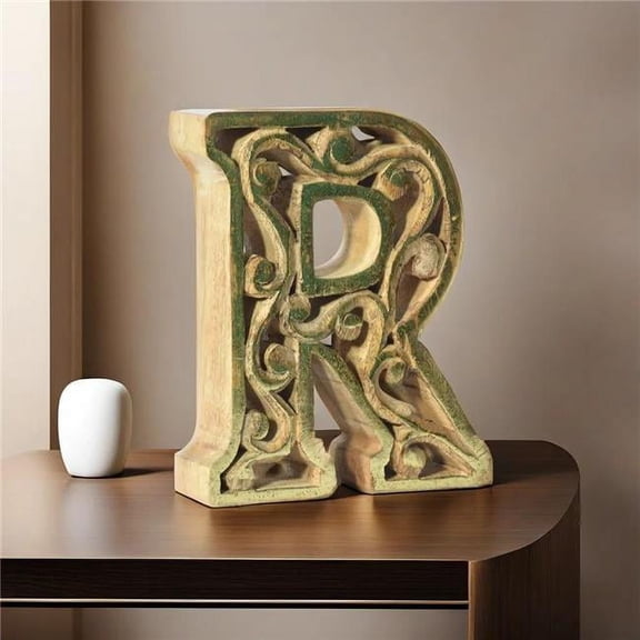 BBH Homes UBBBMH6284SC2RHS Handmade Eco-Friendly Wall Mount & Table Top Decor Natural-Gold Foil R Wood Alphabet Letter Block