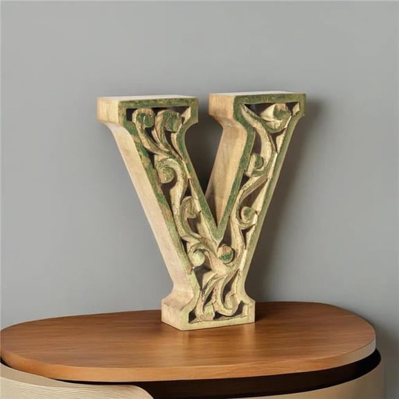 BBH Homes UBBBMH6284SC2VHS Handmade Eco-Friendly Wall Mount & Table Top Decor Natural-Gold Foil V Wood Alphabet Letter Block
