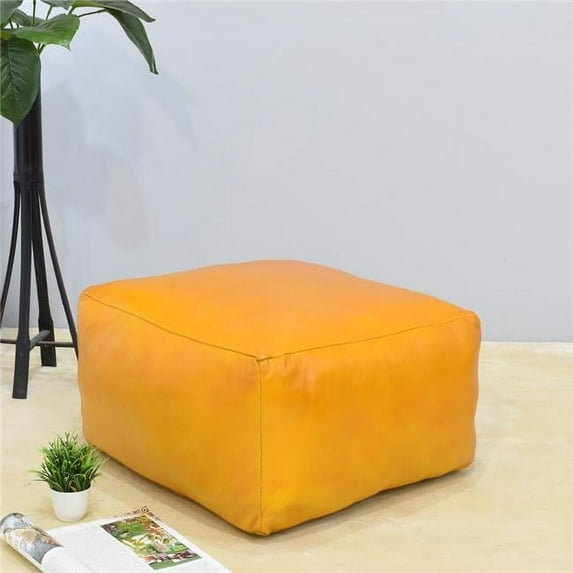 BBH Homes UBBBBACPF12SC49C3HS 21 x 21 x 12 in. Recycled Foam Solid Handmade Leather Square Ottoman Pouf with Fibre Fill, Mustard