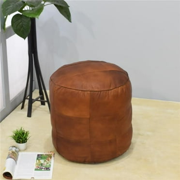 BBH Homes UBBBBACPF39SC51B2HS 14 x 14 x 14 in. Recycled Foam Geometric Handmade Leather Round Ottoman Pouf with Fibre Fill, Cognac