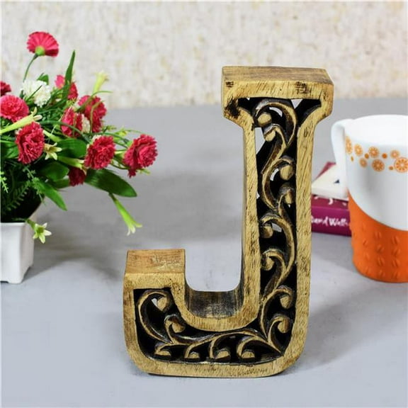 BBH Homes UBBBMH6285SCJHS J Alphabet Handmade Letter Block Eco-Friendly Wall Decor, Brown Antique