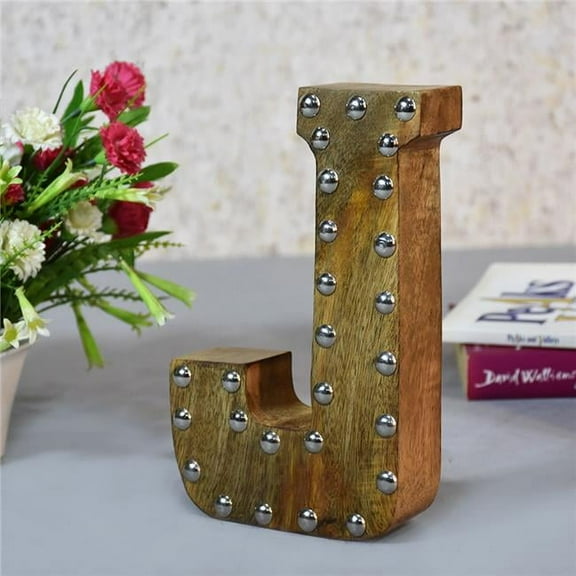 BBH Homes UBBBMH6296SCJHS J Alphabet Handmade Letter Block Eco-Friendly Wall Decor, Natural with Metal Ribbets