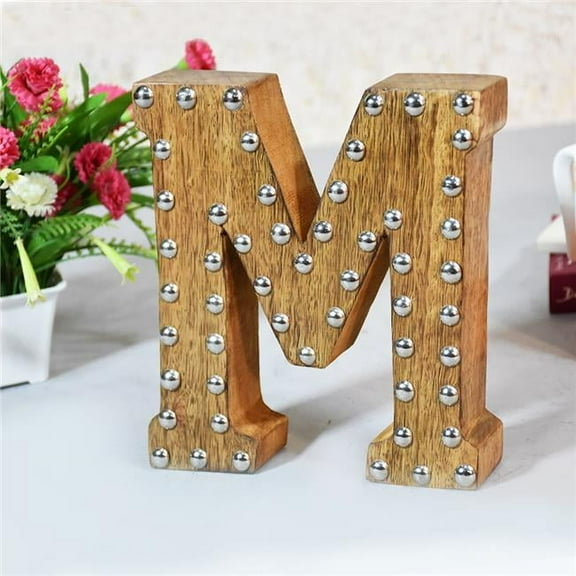 BBH Homes UBBBMH6296SCMHS M Alphabet Handmade Letter Block Eco-Friendly Wall Decor, Natural with Metal Ribbets