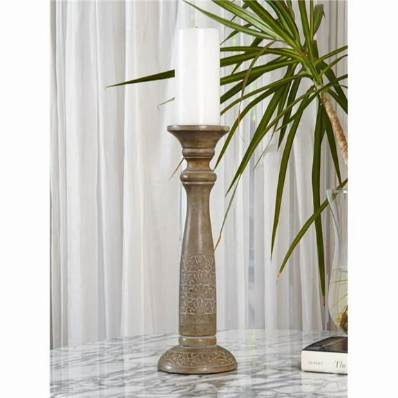 BBH Homes UBBBWA405SCF4HS 15 in. Traditional Eco-friendly Handmade Mango Wood Pillar Candle Holder, Gray Wash