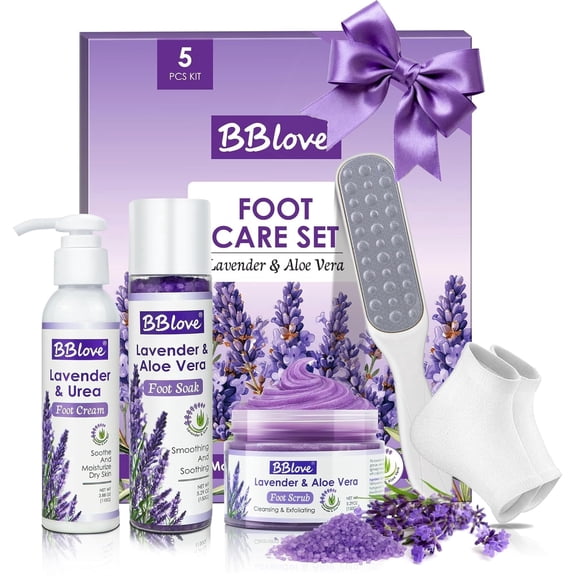 BBLove Lavender Foot Spa Gift Set, 5 Piece Pedicure Kit with Soak Salt, Foot Scrub, Cream, File and Gel Socks for Dry feet