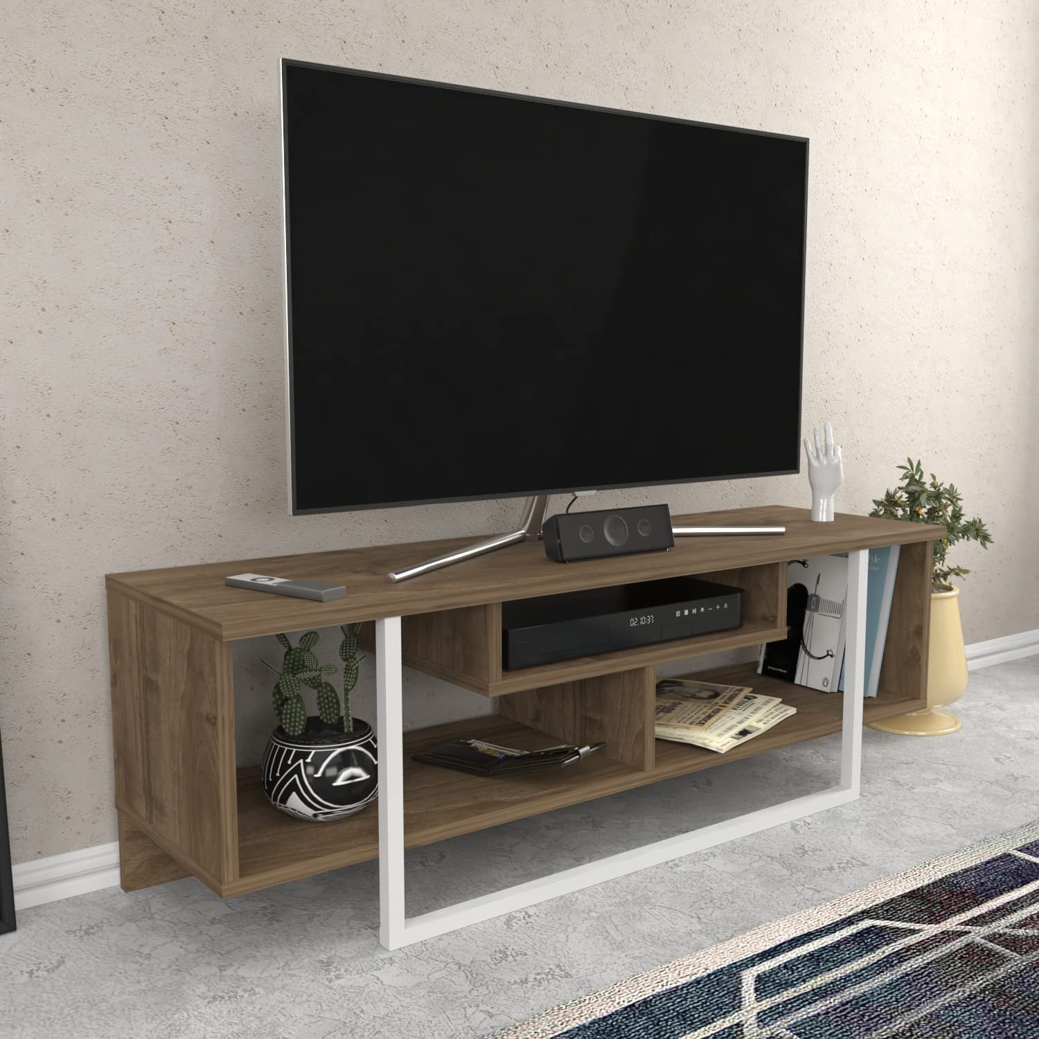 BBNBDMZ Asal Modern Minimal Open Shelf Wood Metal Frame TV Stand