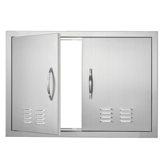 BBQ Access Door 30W x 21H Inch, Stainless Steel Double Outdoor Kitchen Cabinet Door, Flush Mount Vertical Door with Handles & Vents for Grill Island