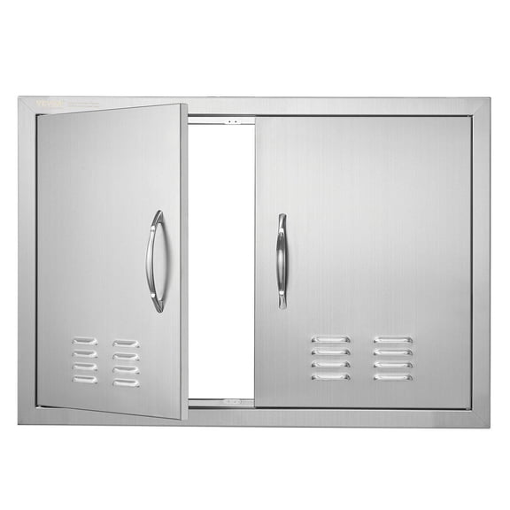 BBQ Access Door 30W x 21H Inch Stainless Steel Flush Mount Double Outdoor Kitchen Door with Handles Vents for BBQ Island Grilling Station Cabinet