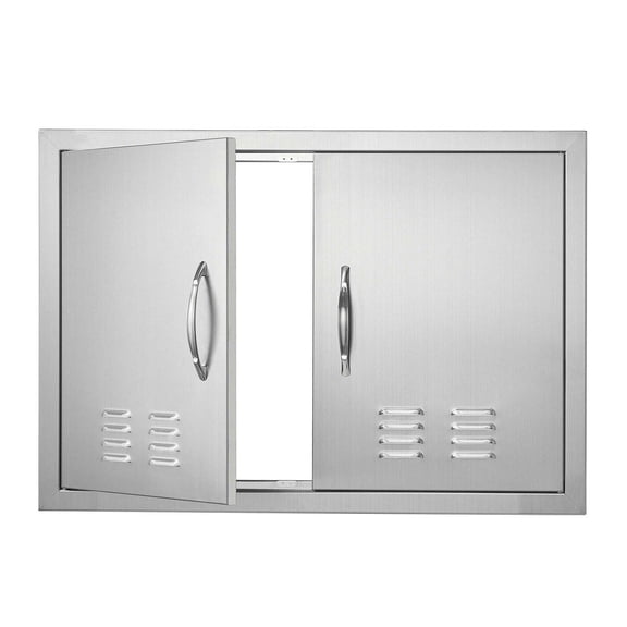 BBQ Access Door 30x21 Inch, Stainless Steel Double Outdoor Kitchen Door, Flush Mount for BBQ Island, Grilling Station Cabinet with Handles & Vents
